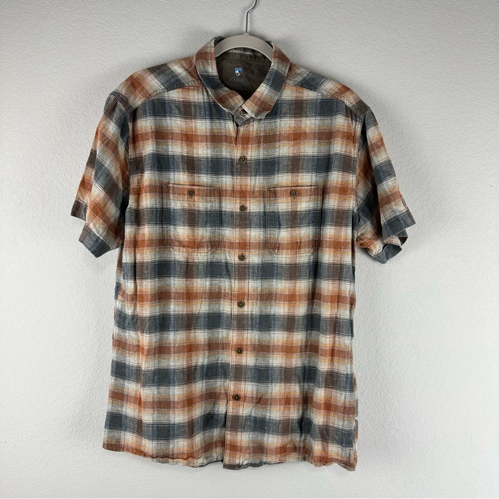 Kuhl Men’s Orange Gray Plaid Skorpio Short Sleeve Button Up Shirt Size Large